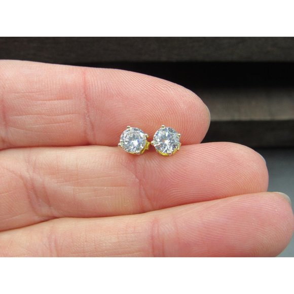 Jewelry - Sterling Silver Gold Plated Bright Round CZ Plain Stud Earrings Vintage Wedding